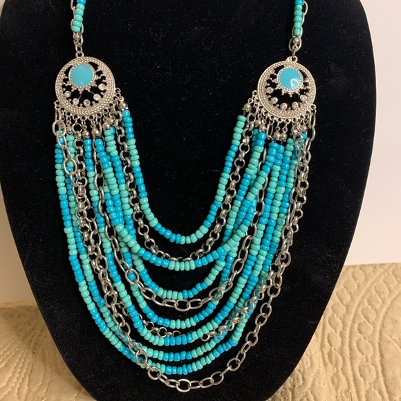 Jewelry - Women’s multi layered beaded turquoise color silver tone adjustable length